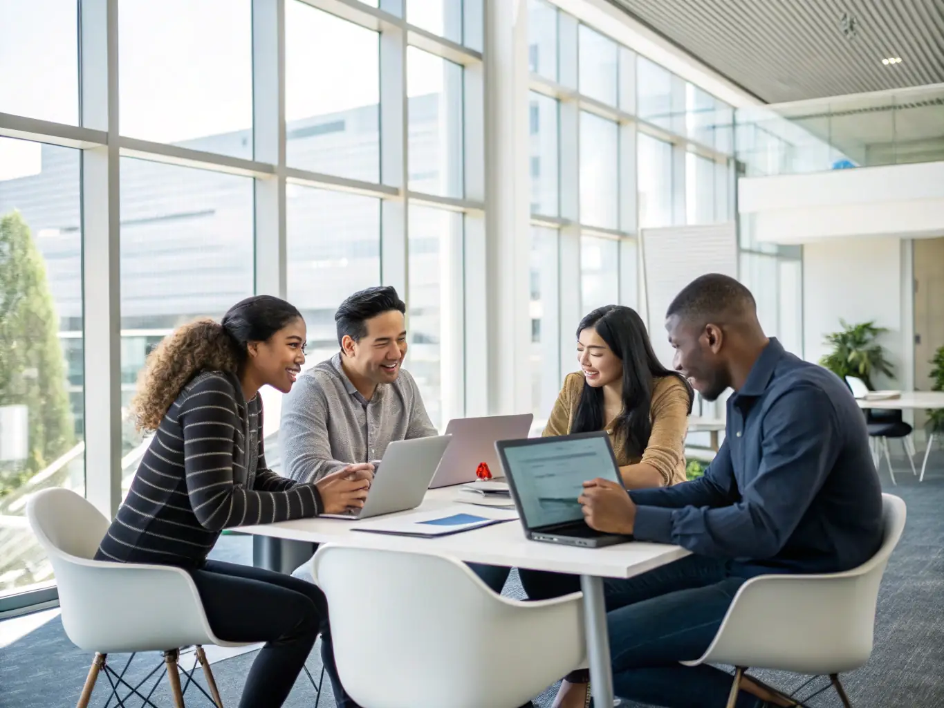 A team of Salesforce consultants collaborating on a project, reviewing data and discussing implementation strategies in a modern office setting.
